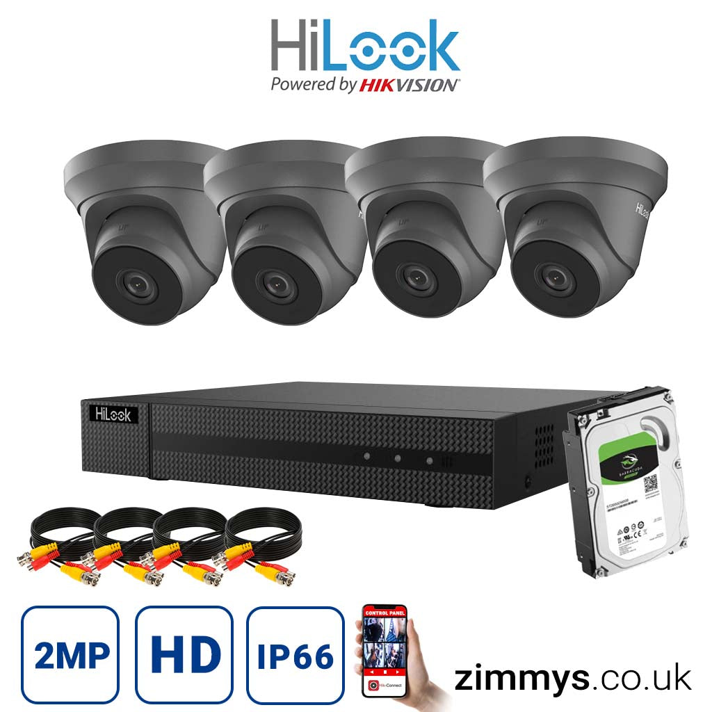 Hikvision HiLook 2MP CCTV Kit 8 Channel DVR (DVR-208G-F1) with 4x Turret (THC-T220-M Grey) and 1TB HDD