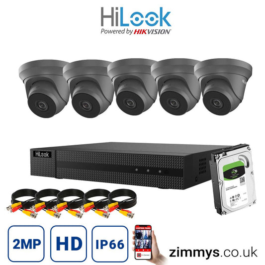 Hikvision HiLook 2MP CCTV Kit 8 Channel DVR (DVR-208G-F1) with 5x Turret (THC-T220-M Grey) and 2TB HDD