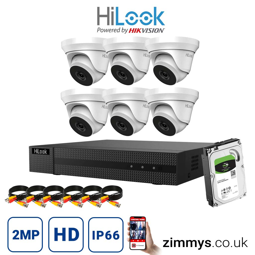 Hikvision HiLook 2MP CCTV Kit 8 Channel DVR (DVR-208U-K1) with 6x Turret (THC-T220-MC White) and 6TB HDD