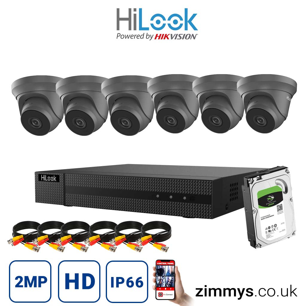 Hikvision HiLook 2MP CCTV Kit 8 Channel DVR (DVR-208G-F1) with 6x Turret (THC-T220-M Grey) and 1TB HDD