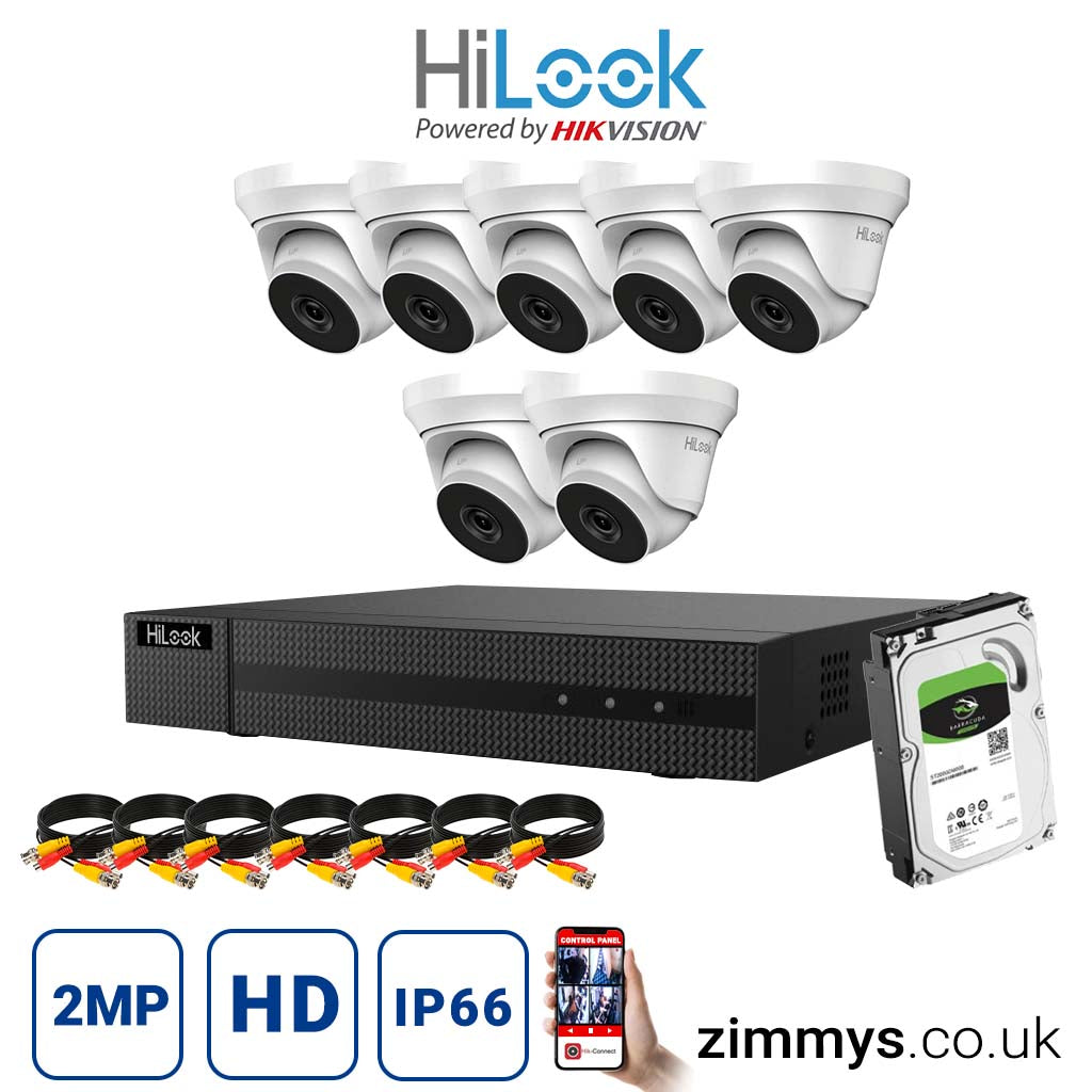 Hikvision HiLook 2MP CCTV Kit 8 Channel DVR (DVR-208G-F1) with 7x Turret (THC-T220-M White) and 1TB HDD