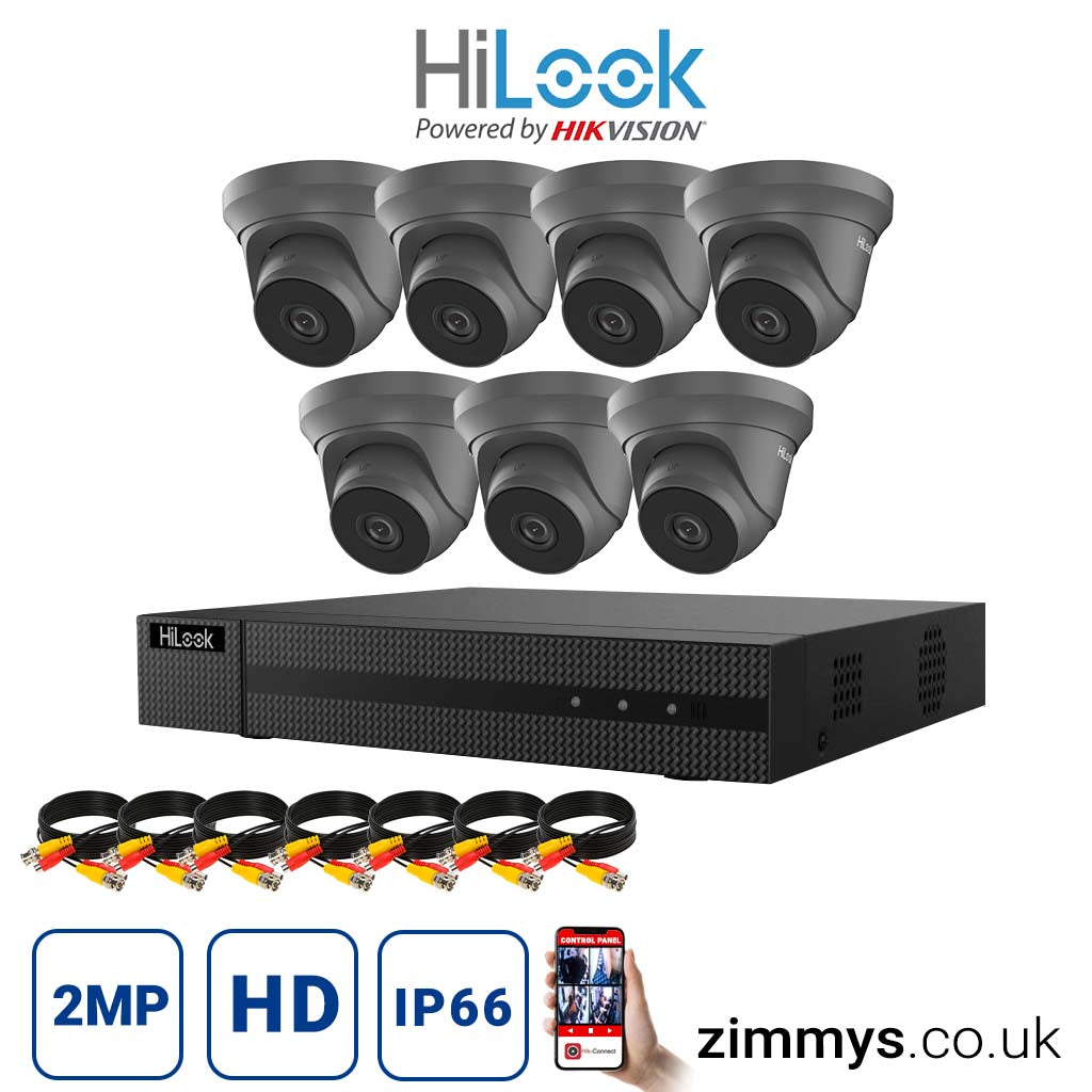 Hikvision HiLook 2MP CCTV Kit 8 Channel DVR (DVR-208Q-F1) with 7x Turret (THC-T220-M grey) Without HDD