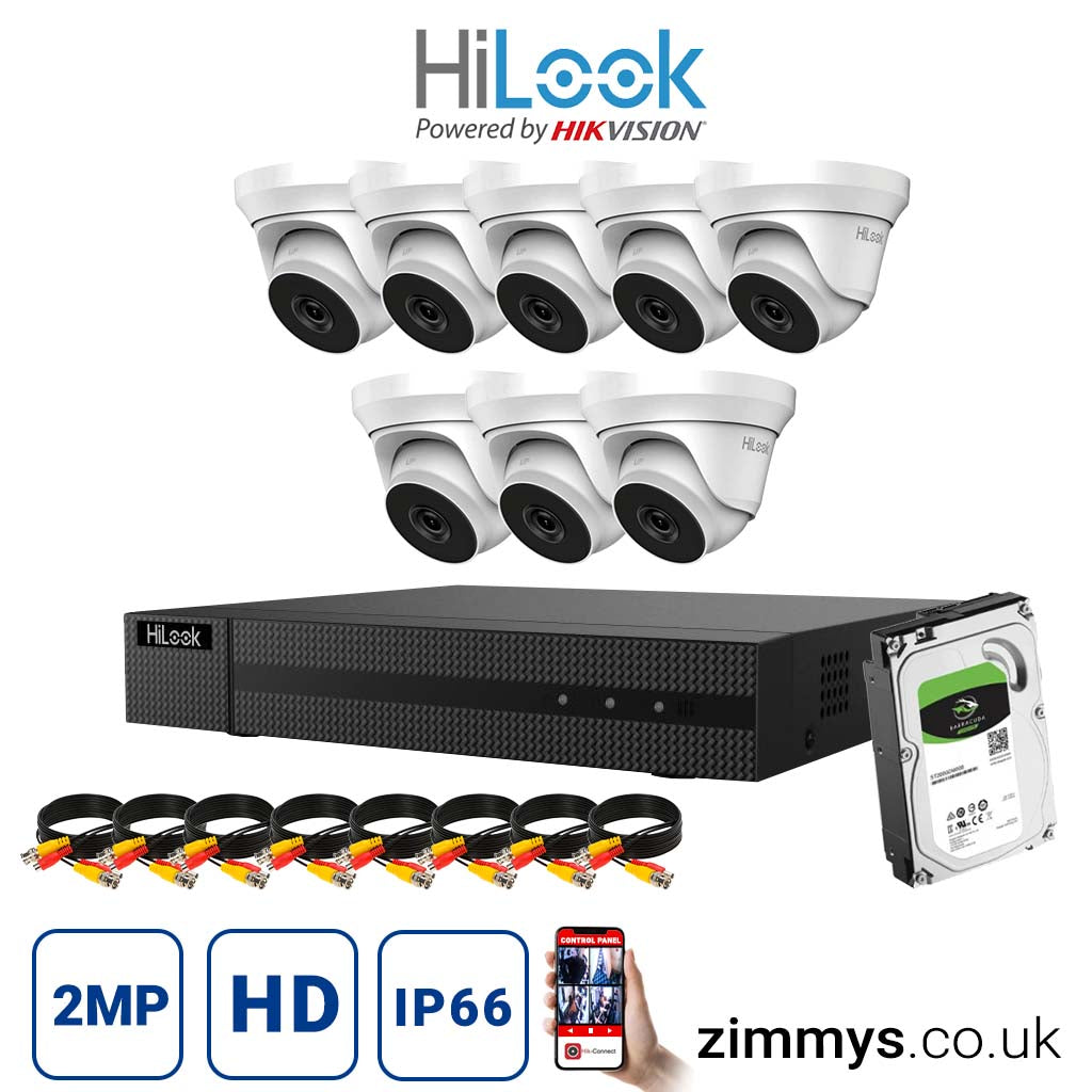 Hikvision HiLook 2MP CCTV Kit 8 Channel DVR (DVR-208U-K1) with 8x Turret (THC-T220-MC White) and 6TB HDD