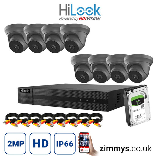 Hikvision HiLook 2MP CCTV Kit 8 Channel DVR (DVR-208G-F1) with 8x Turret (THC-T220-M Grey) and 1TB HDD