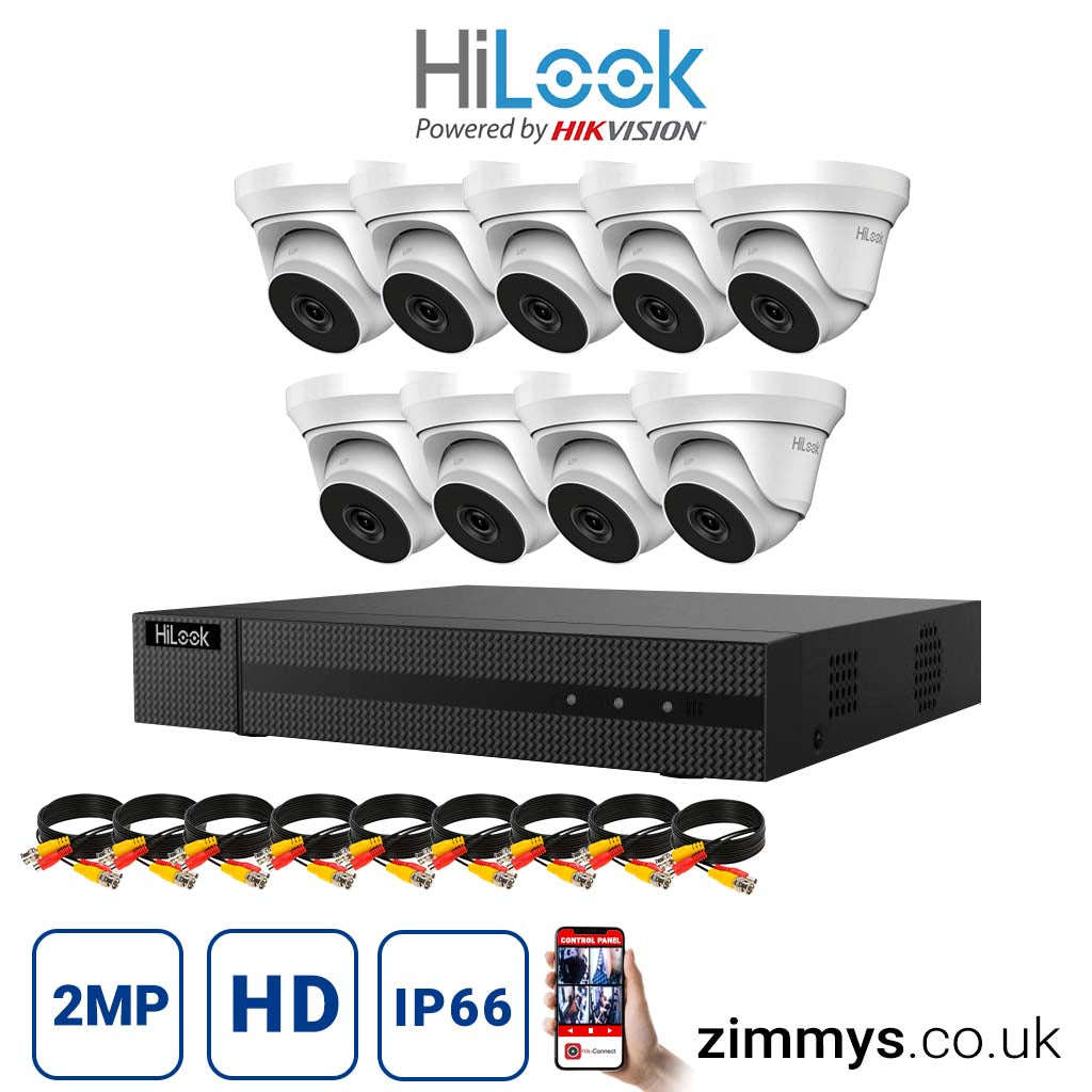 Hikvision HiLook 2MP CCTV Kit 16 Channel DVR (DVR-216U-K2) with 9x Turret (THC-T220-MC White) Without HDD