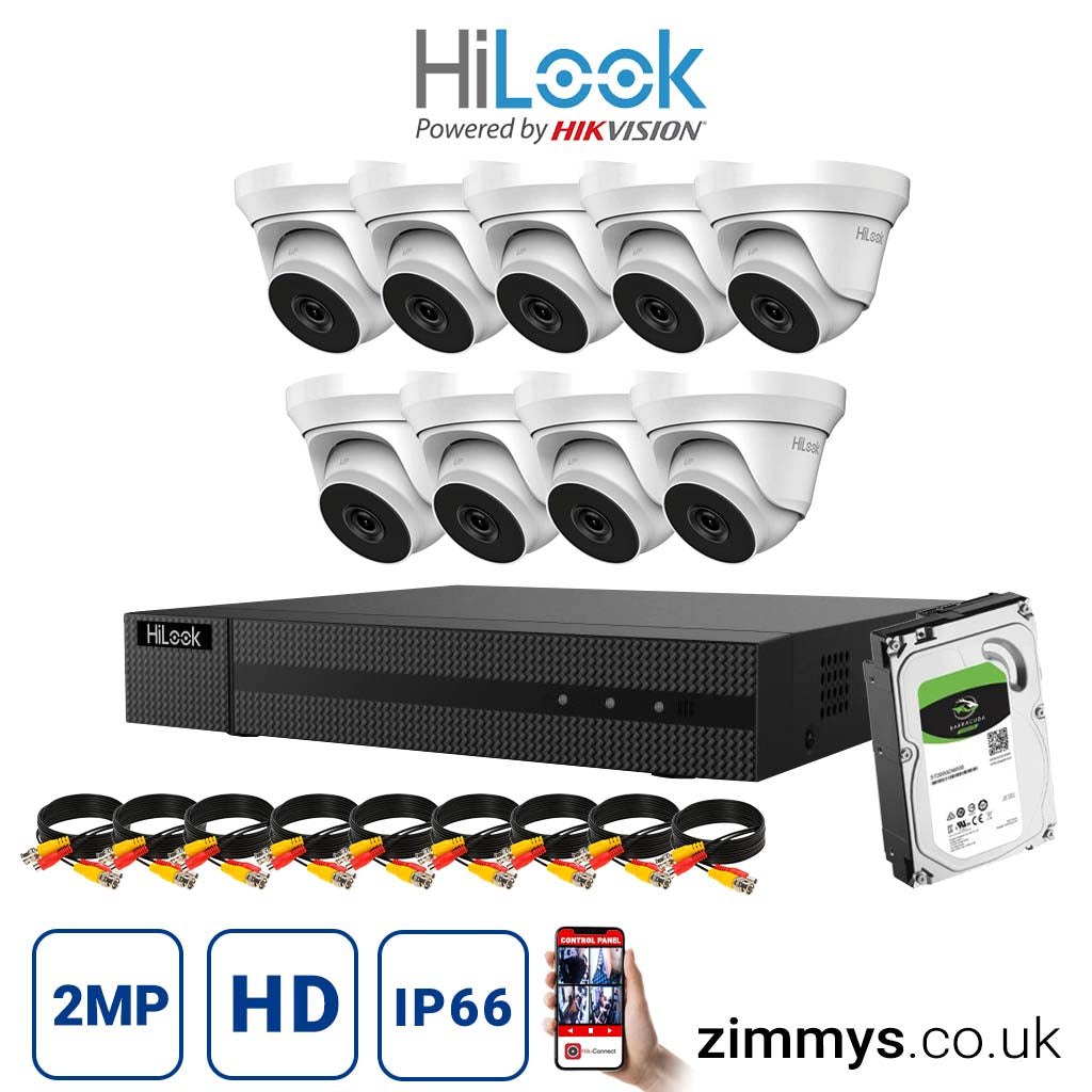 Hikvision HiLook 2MP CCTV Kit 16 Channel DVR (DVR-216U-K2) with 9x Turret (THC-T220-MC White) and 4TB HDD