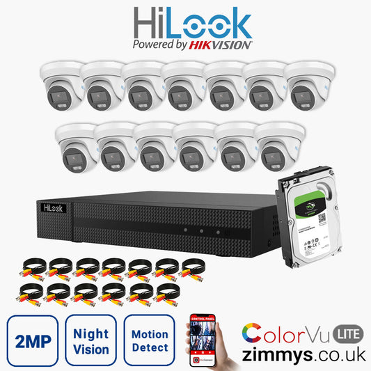 Hikvision HiLook 2MP CCTV Kit 16 Channel DVR (DVR-216G-F1) with 13x Turret (THC-T229-M White) and 4TB HDD