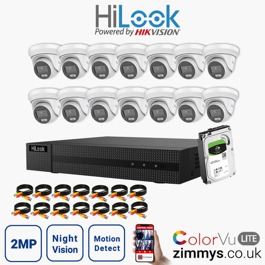 HIKVISION HiLook 2MP CCTV Kit 16 Channel DVR (DVR-216G-F1) with 14x Turret (THC-T229M White) and 6TB HDD