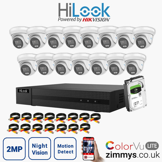 Hikvision HiLook 2MP CCTV Kit 16 Channel DVR (DVR-216G-F1) with 15x Turret (THC-T229-M White) and 4TB HDD