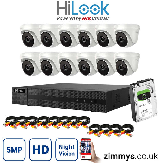 HIKVISION HiLook 5MP CCTV Kit 16 Channel DVR (DVR-216U-K1) with 12x Turret (THC-T250-M White) and 6TB HDD