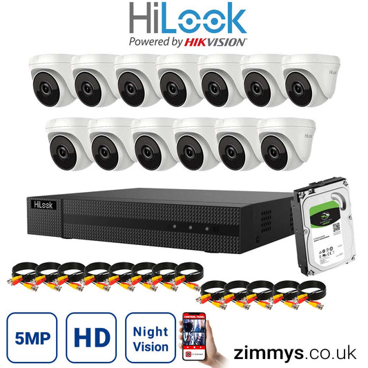 HIKVISION HiLook 5MP CCTV Kit 16 Channel DVR (DVR-216U-K1) with 13x Turret (THC-T250-M White) and 4TB HDD