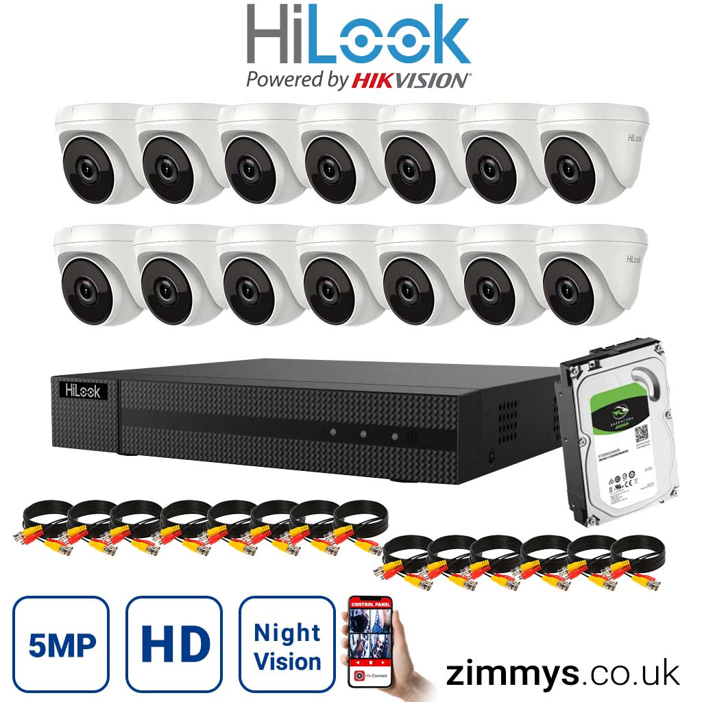 HIKVISION HiLook 5MP CCTV Kit 16 Channel DVR (DVR-216U-K1) with 14x Turret (THC-T250-M White) and 3TB HDD