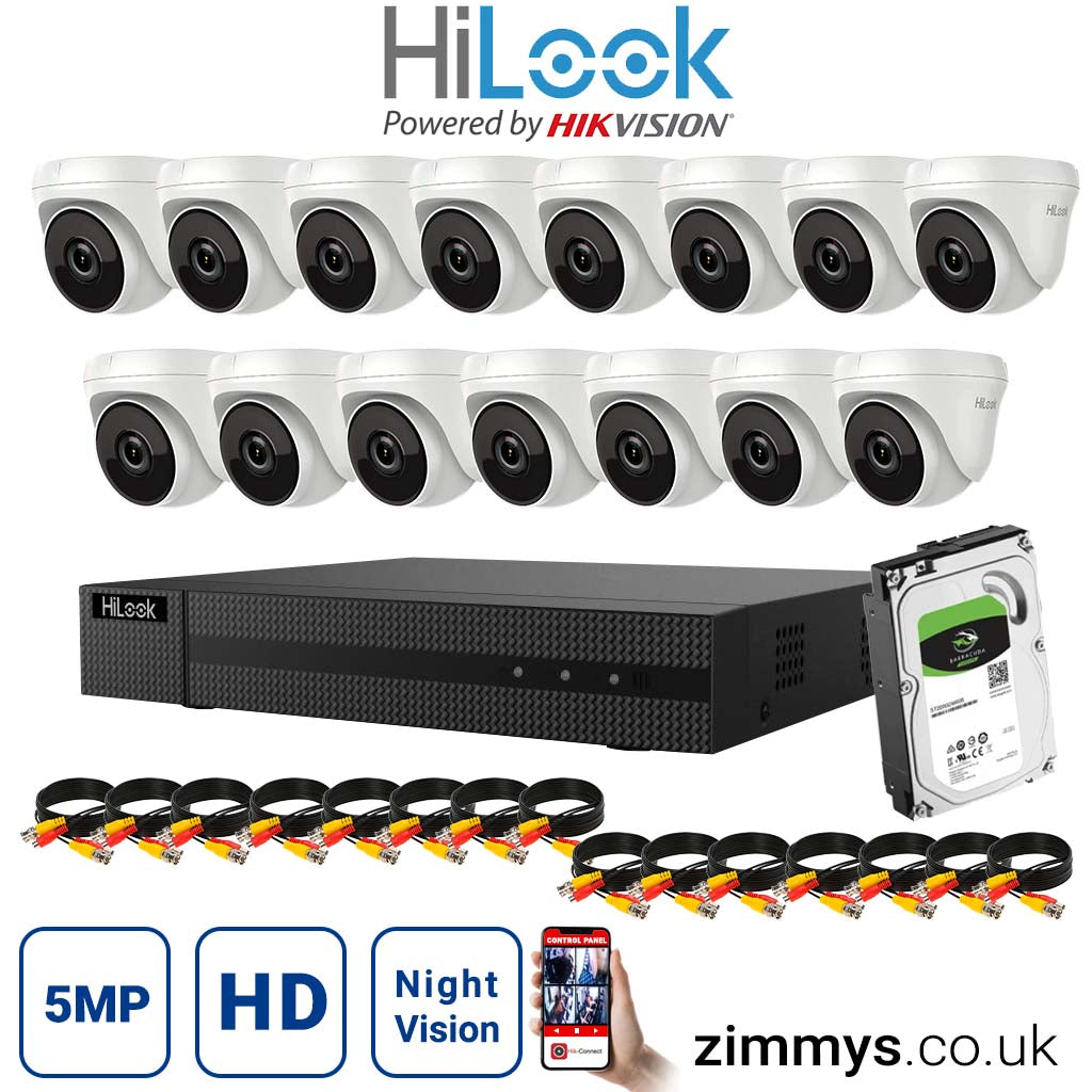 HIKVISION HiLook 5MP CCTV Kit 16 Channel DVR (DVR-216U-K) with 15x Turret (THC-T250-M White) and 3TB HDD