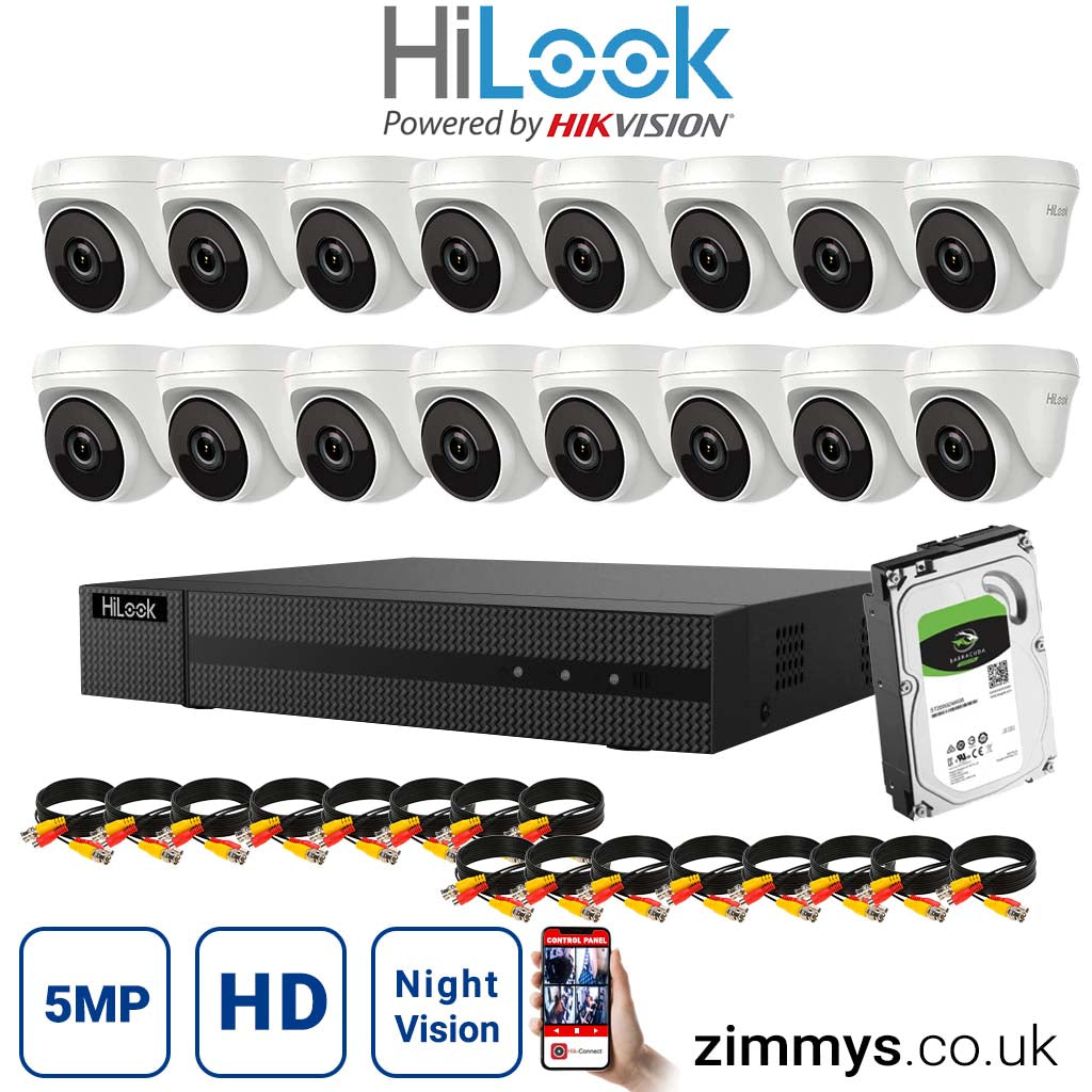 HIKVISION HiLook 5MP CCTV Kit 16 Channel DVR (DVR-216U-K1) with 16x Turret (THC-T250-M White) and 1TB HDD