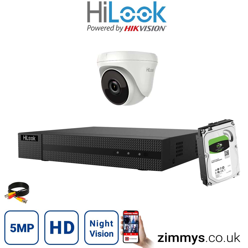 Hikvision HiLook 5MP CCTV Kit 4 Channel DVR (DVR-204U-K1) with 1x Turret (THC-T250-M White) and 4TB HDD