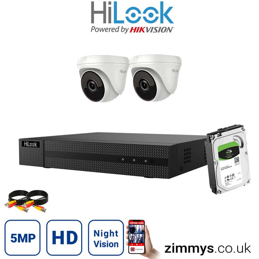 Hikvision HiLook 5MP CCTV Kit 4 Channel DVR (DVR-204U-K1) with 2x Turret (THC-T250-M White) and 1TB HDD