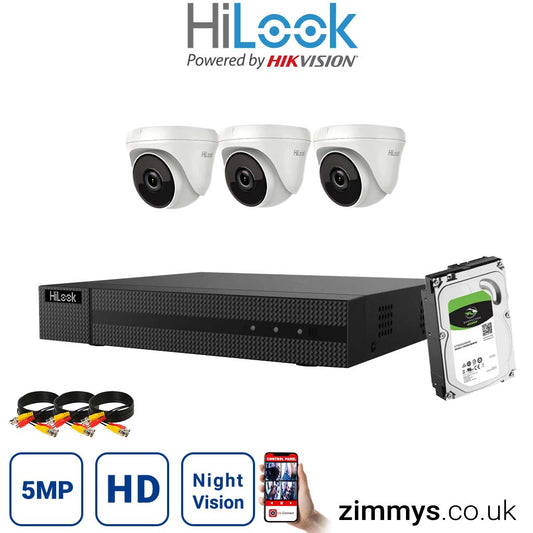 Hikvision HiLook 5MP CCTV Kit 4 Channel DVR (DVR-204U-K1) with 3x Turret (THC-T250-M White) and 1TB HDD