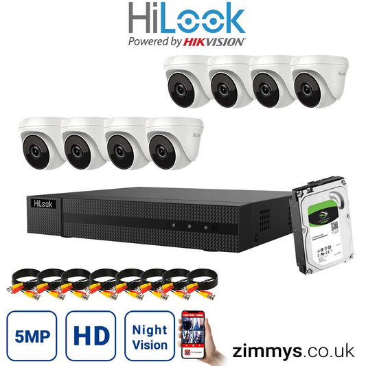 HIKVISION HiLook 5MP CCTV Kit 8 Channel DVR (DVR-208U-K1) with 8x Turret (THC-T250-M White) and 4TB HDD